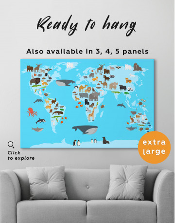 Blue World Map with Animals Canvas Wall Art - image 3