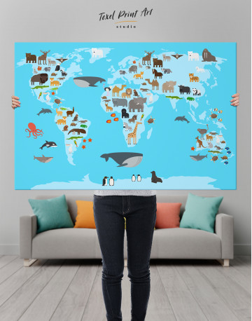 Blue World Map with Animals Canvas Wall Art - image 8