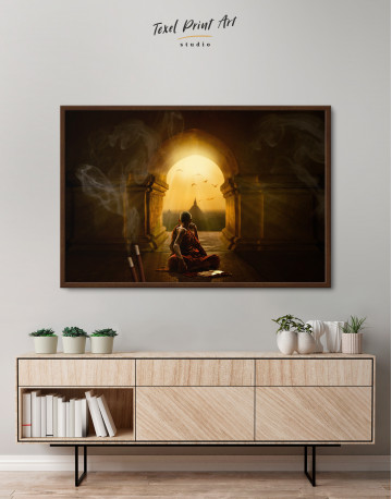 Framed Praying Meditating Inside Buddhist Temple Canvas Wall Art - image 3