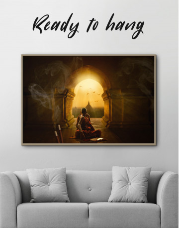Framed Praying Meditating Inside Buddhist Temple Canvas Wall Art