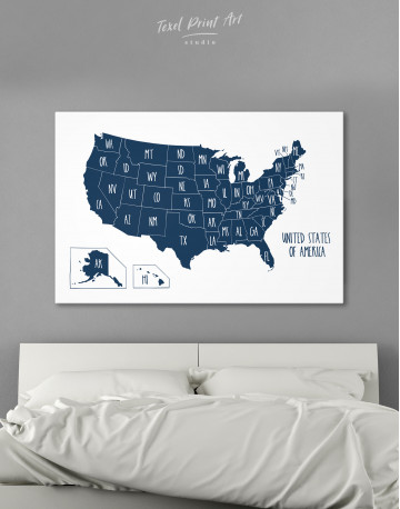 Blue USA Map with States Canvas Wall Art