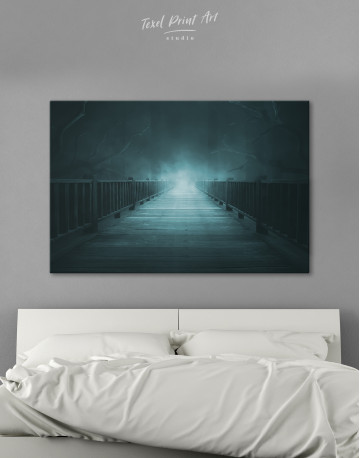 Mystical wooden bridge in the fog Canvas Wall Art