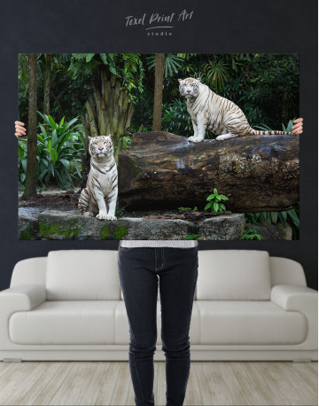 White Bengal Tigers in a Jungle Canvas Wall Art - image 1