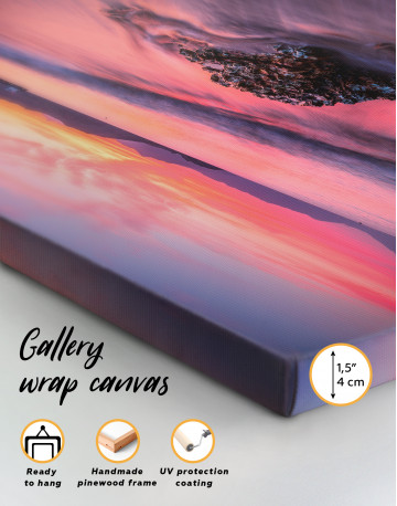 Rock in a Wavy Sea under an Orange and Pink Sky at Sunset Canvas Wall Art - image 7