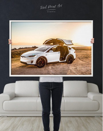 Framed White Tesla Model X Canvas Wall Art - image 1