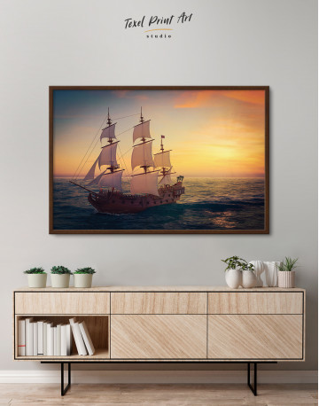 Framed Sailing Ship at Sea on Sunset Canvas Wall Art