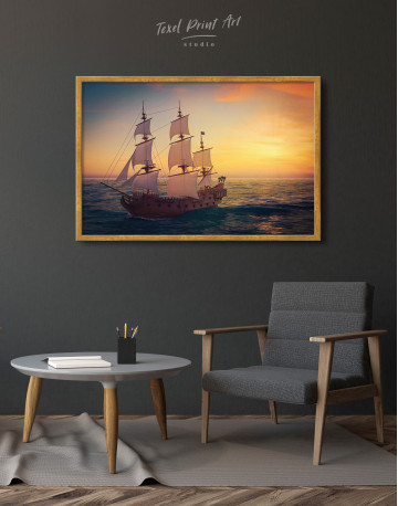 Framed Sailing Ship at Sea on Sunset Canvas Wall Art - image 5