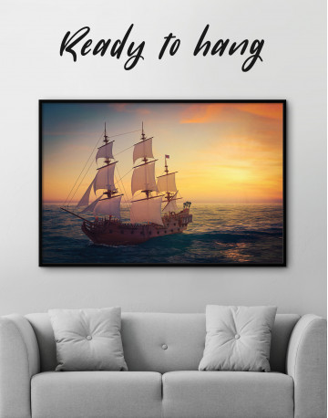 Framed Sailing Ship at Sea on Sunset Canvas Wall Art - image 2