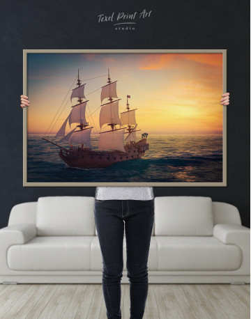 Framed Sailing Ship at Sea on Sunset Canvas Wall Art - image 1