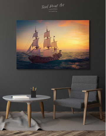 Sailing Ship at Sea on Sunset Canvas Wall Art - image 4