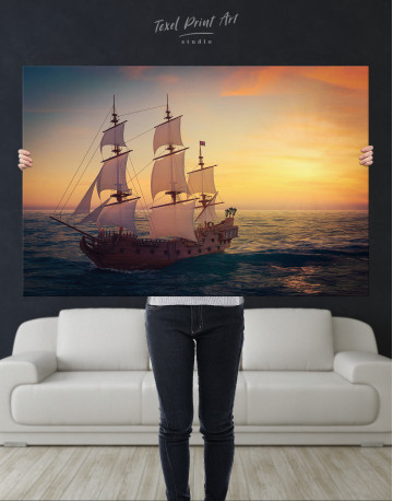Sailing Ship at Sea on Sunset Canvas Wall Art - image 2