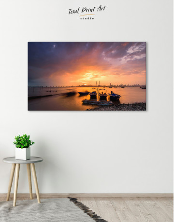 Motorboats on the Water the Sunset and a City Canvas Wall Art - image 4