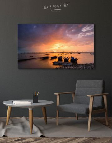 Motorboats on the Water the Sunset and a City Canvas Wall Art - image 6