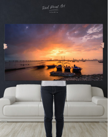 Motorboats on the Water the Sunset and a City Canvas Wall Art - image 8
