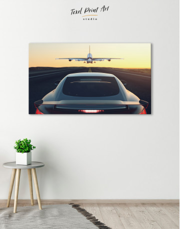 Car on the Runway with an Airplane Canvas Wall Art - image 4