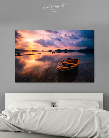 Lake with Boat at Sunset Canvas Wall Art