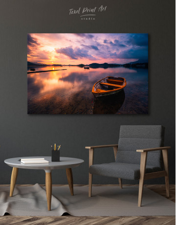 Lake with Boat at Sunset Canvas Wall Art - image 6