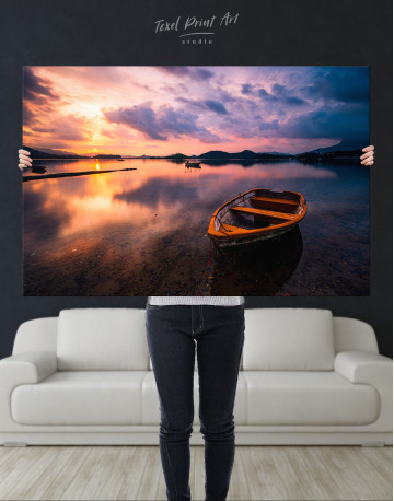 Lake with Boat at Sunset Canvas Wall Art - image 8