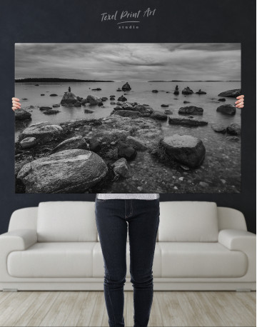 Black and White Stones on the Seashore Canvas Wall Art - image 1