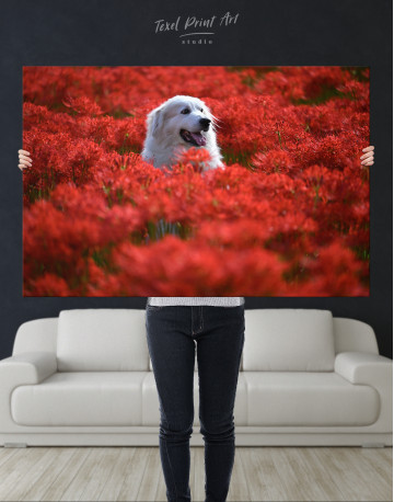 Pyrenean Mountain Dog in Red Spider Lily Field Canvas Wall Art - image 1